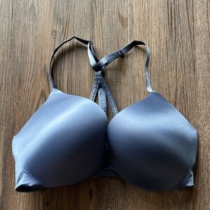 WOMENS VICTORIA’S SECRET RACER BACK PUSH UP BRA PADDED 36D BLUE GREY FRONT CLASP